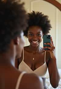 beautiful woman taking a selfie in bedroom mirror