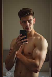 beautiful man taking a selfie in bedroom mirror