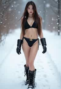 full body shot of hot woman wearing black bikini standing posing in the snow, (standing in snow), shiny snow surface, slim waist, long straightened hair, snow drops everywhere flying, wearing ( moon boots chanel boots)