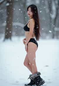 full body shot of hot black bikini woman standing posing in the snow, (standing in snow), shiny snow surface, slim waist, long straightened hair, snow drops everywhere flying, wearing snow boots, wearing moon boots