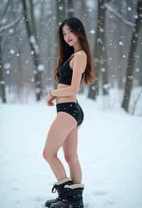 full body shot of hot black bikini woman standing posing in the snow, (standing in snow), shiny snow surface, slim waist, long straightened hair, snow drops everywhere flying, wearing snow boots, wearing moon boots