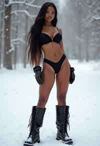 full body shot of hot woman wearing black bikini standing posing in the snow, (standing in snow), shiny snow surface, slim waist, long straightened hair, snow drops everywhere flying, wearing ( moon boots chanel boots)