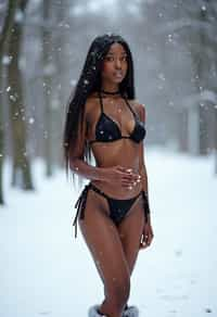 full body shot of hot black bikini woman standing posing in the snow, (standing in snow), shiny snow surface, slim waist, long straightened hair, snow drops everywhere flying, wearing snow boots, wearing moon boots