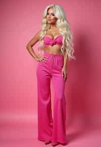 full body shot of sexy woman dressed up in full hot pink with Barbie clothes platinum blonde hair, hot pink style