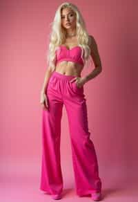 full body shot of sexy woman dressed up in full hot pink with Barbie clothes platinum blonde hair, hot pink style