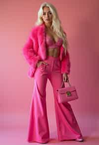 full body shot of sexy woman dressed up in full hot pink with Barbie clothes platinum blonde hair, hot pink style