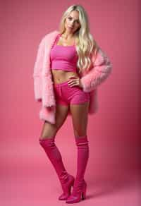 full body shot of sexy woman dressed up in full hot pink with Barbie clothes platinum blonde hair, hot pink style