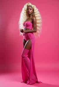 full body shot of sexy woman dressed up in full hot pink with Barbie clothes platinum blonde hair, hot pink style