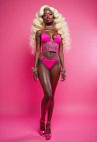 full body shot of sexy woman dressed up in full hot pink with Barbie clothes platinum blonde hair, hot pink style