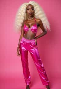 full body shot of sexy woman dressed up in full hot pink with Barbie clothes platinum blonde hair, hot pink style