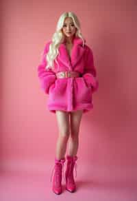 full body shot of sexy woman dressed up in full hot pink with Barbie clothes platinum blonde hair, hot pink style