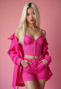 full body shot of sexy woman dressed up in full hot pink with Barbie clothes platinum blonde hair, hot pink style