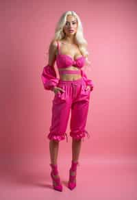 full body shot of sexy woman dressed up in full hot pink with Barbie clothes platinum blonde hair, hot pink style