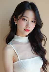 Korean woman (with black hair) (as korean kpop k-pop idol) posing for photo, wearing Korean clothes, Korean fashion, Korean fashion, Korean makeup, (in front of solid background)