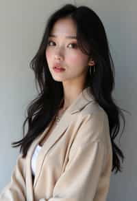 Korean woman (with black hair) (as korean kpop k-pop idol) posing for photo, wearing Korean clothes, Korean fashion, Korean fashion, Korean makeup, (in front of solid background)