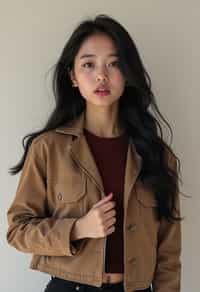 Korean woman (with black hair) (as korean kpop k-pop idol) posing for photo, wearing Korean clothes, Korean fashion, Korean fashion, Korean makeup, (in front of solid background)