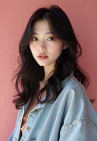 Korean woman (with black hair) (as korean kpop k-pop idol) posing for photo, wearing Korean clothes, Korean fashion, Korean fashion, Korean makeup, (in front of solid background)