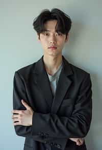 Korean man (with black hair) (as korean kpop k-pop idol) posing for photo, wearing Korean clothes, Korean fashion, Korean fashion, Korean makeup, (in front of solid background)