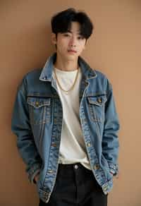 Korean man (with black hair) (as korean kpop k-pop idol) posing for photo, wearing Korean clothes, Korean fashion, Korean fashion, Korean makeup, (in front of solid background)