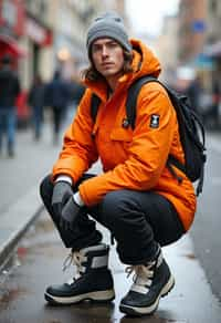 man wearing gorpcore aesthetic, functional outdoor clothing, bright colored puffer jacket, moonboots, beanie, white wool socks, outerwear, posing for photo in the street