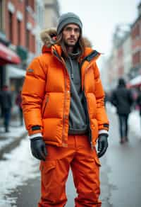 man wearing gorpcore aesthetic, functional outdoor clothing, bright colored puffer jacket, moonboots, beanie, white wool socks, outerwear, posing for photo in the street