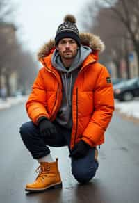 man wearing gorpcore aesthetic, functional outdoor clothing, bright colored puffer jacket, moonboots, beanie, white wool socks, outerwear, posing for photo in the street