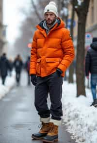 man wearing gorpcore aesthetic, functional outdoor clothing, bright colored puffer jacket, moonboots, beanie, white wool socks, outerwear, posing for photo in the street