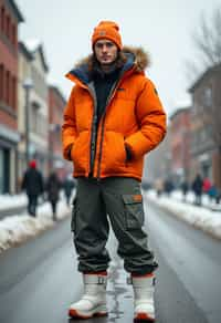 man wearing gorpcore aesthetic, functional outdoor clothing, bright colored puffer jacket, moonboots, beanie, white wool socks, outerwear, posing for photo in the street