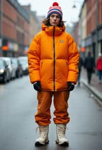 man wearing gorpcore aesthetic, functional outdoor clothing, bright colored puffer jacket, moonboots, beanie, white wool socks, outerwear, posing for photo in the street