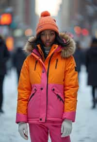 woman wearing gorpcore aesthetic, functional outdoor clothing, bright colored puffer jacket, moonboots, beanie, white wool socks, outerwear, posing for photo in the street