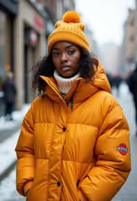 woman wearing gorpcore aesthetic, functional outdoor clothing, bright colored puffer jacket, moonboots, beanie, white wool socks, outerwear, posing for photo in the street