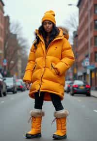 woman wearing gorpcore aesthetic, functional outdoor clothing, bright colored puffer jacket, moonboots, beanie, white wool socks, outerwear, posing for photo in the street