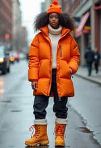 woman wearing gorpcore aesthetic, functional outdoor clothing, bright colored puffer jacket, moonboots, beanie, white wool socks, outerwear, posing for photo in the street