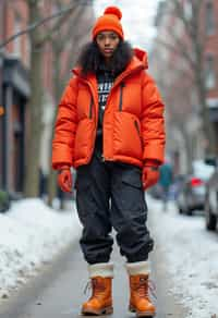 woman wearing gorpcore aesthetic, functional outdoor clothing, bright colored puffer jacket, moonboots, beanie, white wool socks, outerwear, posing for photo in the street