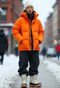 man wearing gorpcore aesthetic, functional outdoor clothing, bright colored puffer jacket, moonboots, beanie, white wool socks, outerwear, posing for photo in the street