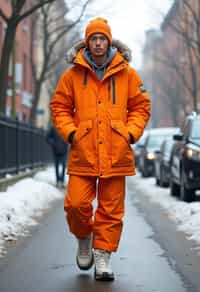 man wearing gorpcore aesthetic, functional outdoor clothing, bright colored puffer jacket, moonboots, beanie, white wool socks, outerwear, posing for photo in the street