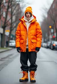 man wearing gorpcore aesthetic, functional outdoor clothing, bright colored puffer jacket, moonboots, beanie, white wool socks, outerwear, posing for photo in the street