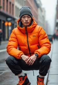 man wearing gorpcore aesthetic, functional outdoor clothing, bright colored puffer jacket, moonboots, beanie, white wool socks, outerwear, posing for photo in the street