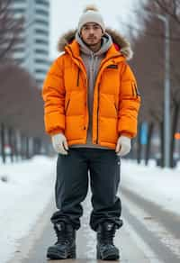 man wearing gorpcore aesthetic, functional outdoor clothing, bright colored puffer jacket, moonboots, beanie, white wool socks, outerwear, posing for photo in the street