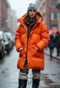 man wearing gorpcore aesthetic, functional outdoor clothing, bright colored puffer jacket, moonboots, beanie, white wool socks, outerwear, posing for photo in the street