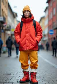 man wearing gorpcore aesthetic, functional outdoor clothing, bright colored puffer jacket, moonboots, beanie, white wool socks, outerwear, posing for photo in the street