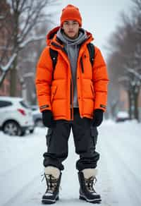 man wearing gorpcore aesthetic, functional outdoor clothing, bright colored puffer jacket, moonboots, beanie, white wool socks, outerwear, posing for photo in the street