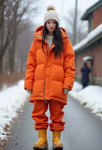 woman wearing gorpcore aesthetic, functional outdoor clothing, bright colored puffer jacket, moonboots, beanie, white wool socks, outerwear, posing for photo in the street