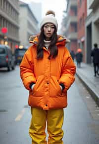 woman wearing gorpcore aesthetic, functional outdoor clothing, bright colored puffer jacket, moonboots, beanie, white wool socks, outerwear, posing for photo in the street