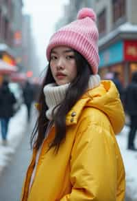 woman wearing gorpcore aesthetic, functional outdoor clothing, bright colored puffer jacket, moonboots, beanie, white wool socks, outerwear, posing for photo in the street