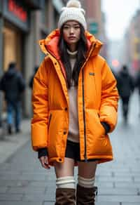 woman wearing gorpcore aesthetic, functional outdoor clothing, bright colored puffer jacket, moonboots, beanie, white wool socks, outerwear, posing for photo in the street