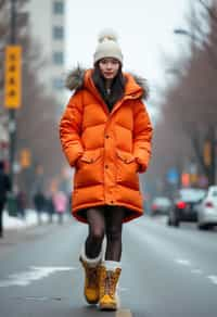 woman wearing gorpcore aesthetic, functional outdoor clothing, bright colored puffer jacket, moonboots, beanie, white wool socks, outerwear, posing for photo in the street