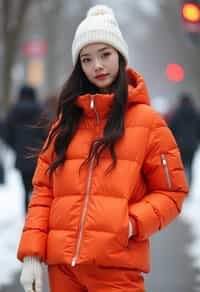 woman wearing gorpcore aesthetic, functional outdoor clothing, bright colored puffer jacket, moonboots, beanie, white wool socks, outerwear, posing for photo in the street