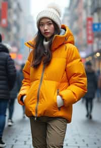 woman wearing gorpcore aesthetic, functional outdoor clothing, bright colored puffer jacket, moonboots, beanie, white wool socks, outerwear, posing for photo in the street