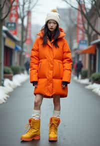 woman wearing gorpcore aesthetic, functional outdoor clothing, bright colored puffer jacket, moonboots, beanie, white wool socks, outerwear, posing for photo in the street